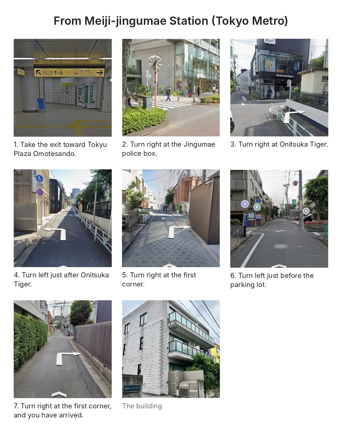 Photos of each step of the route from Meiji-jingumae Station to BODY TIPS