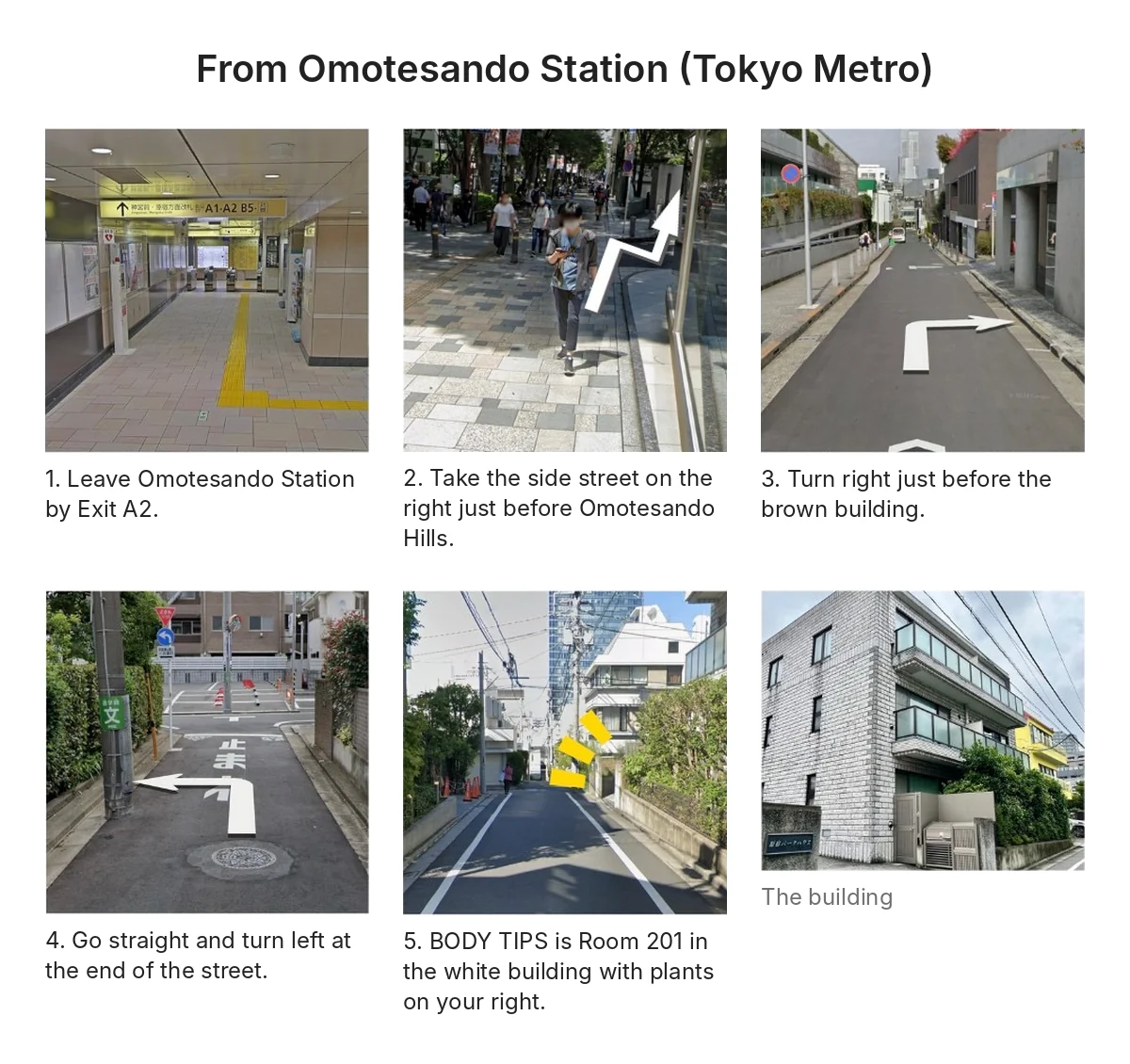 Photos of each step of the route from Omotesando Station to BODY TIPS